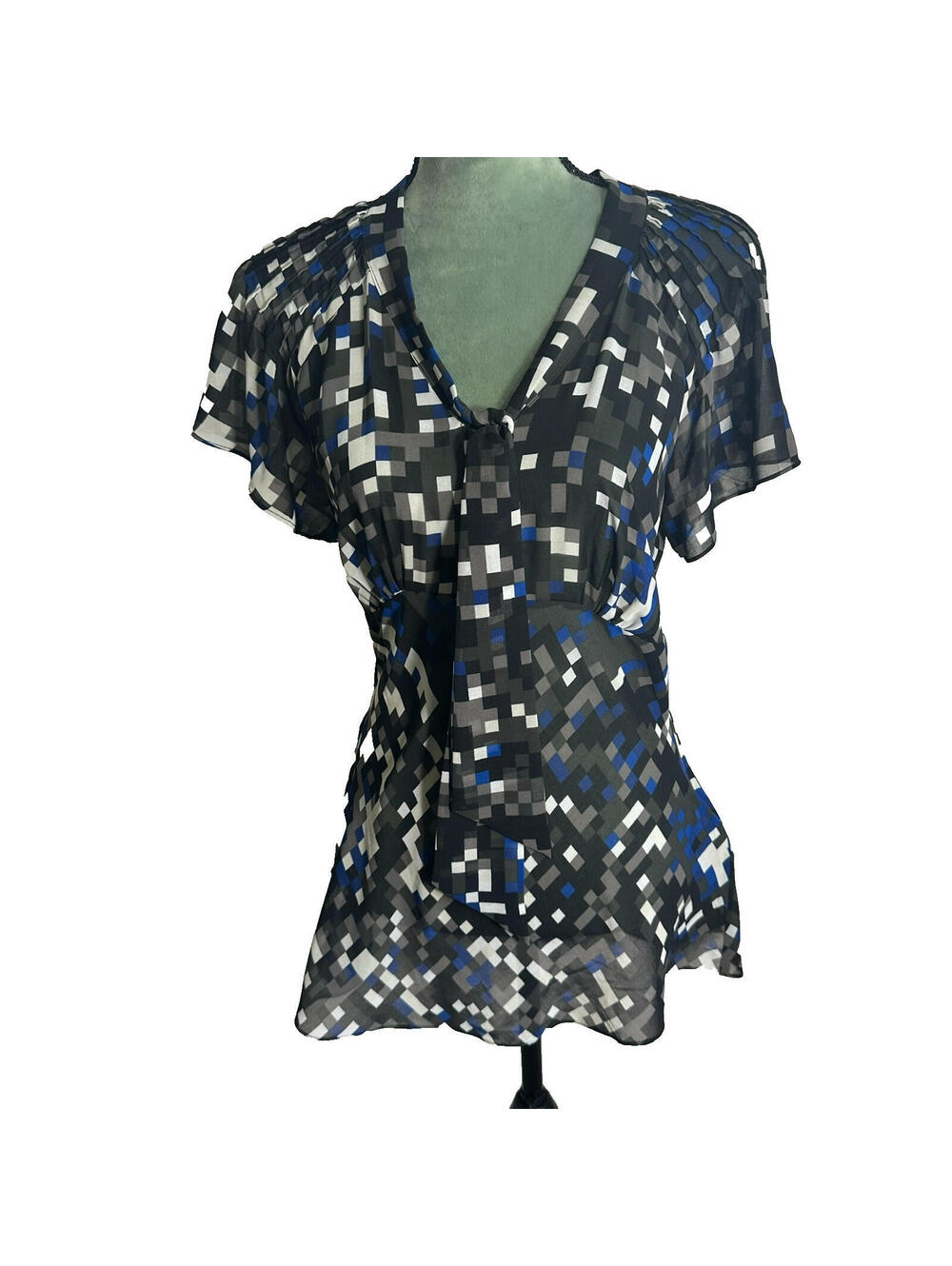 Women's Geometric Print Blouse Black Blue Gray Sheer/Tie Neck Side Zip - Medium
